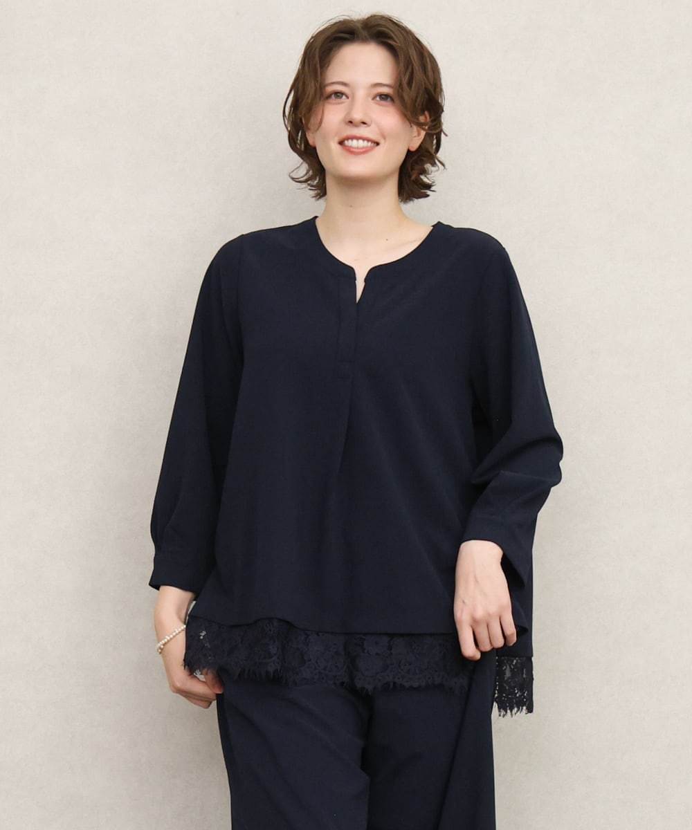 OLKKD14089 eur3(エウルキューブ) 【WEB先行販売】【大きいサイズ/洗える/セットアップ対応】カットジョーゼット裾レーストップス ネイビー