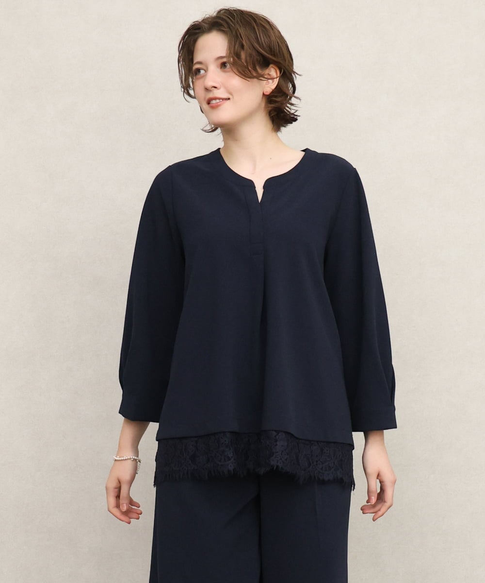 OLKKD14089 eur3(エウルキューブ) 【WEB先行販売】【大きいサイズ/洗える/セットアップ対応】カットジョーゼット裾レーストップス ネイビー