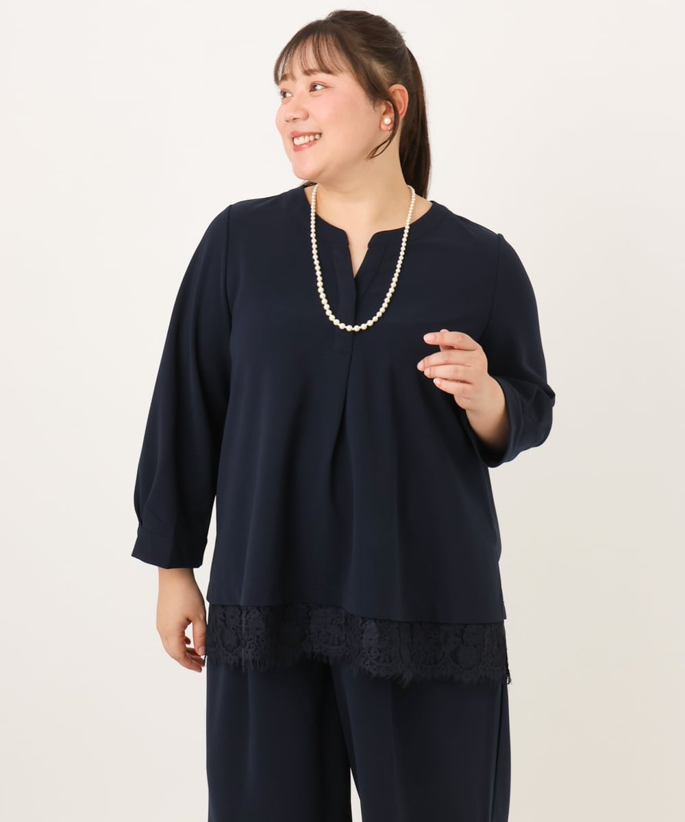OLKKD14089 eur3(エウルキューブ) 【WEB先行販売】【大きいサイズ/洗える/セットアップ対応】カットジョーゼット裾レーストップス ネイビー