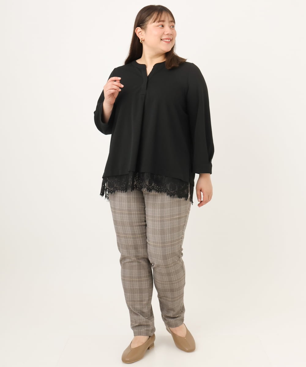 OLKKD14089 eur3(エウルキューブ) 【WEB先行販売】【大きいサイズ/洗える/セットアップ対応】カットジョーゼット裾レーストップス ブラック