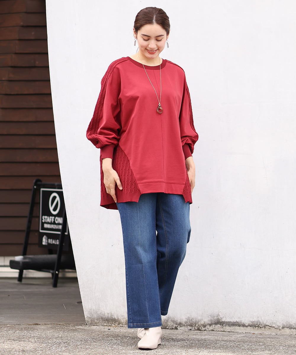 OLKKS07089 eur3(エウルキューブ) 【大きいサイズ】裏毛ニットコンビトップス レッド(05)