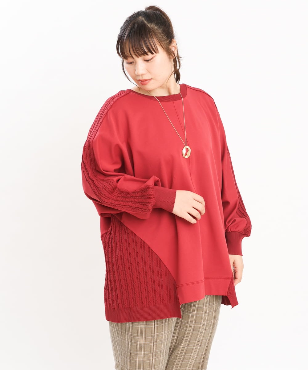 OLKKS07089 eur3(エウルキューブ) 【大きいサイズ】裏毛ニットコンビトップス レッド(05)