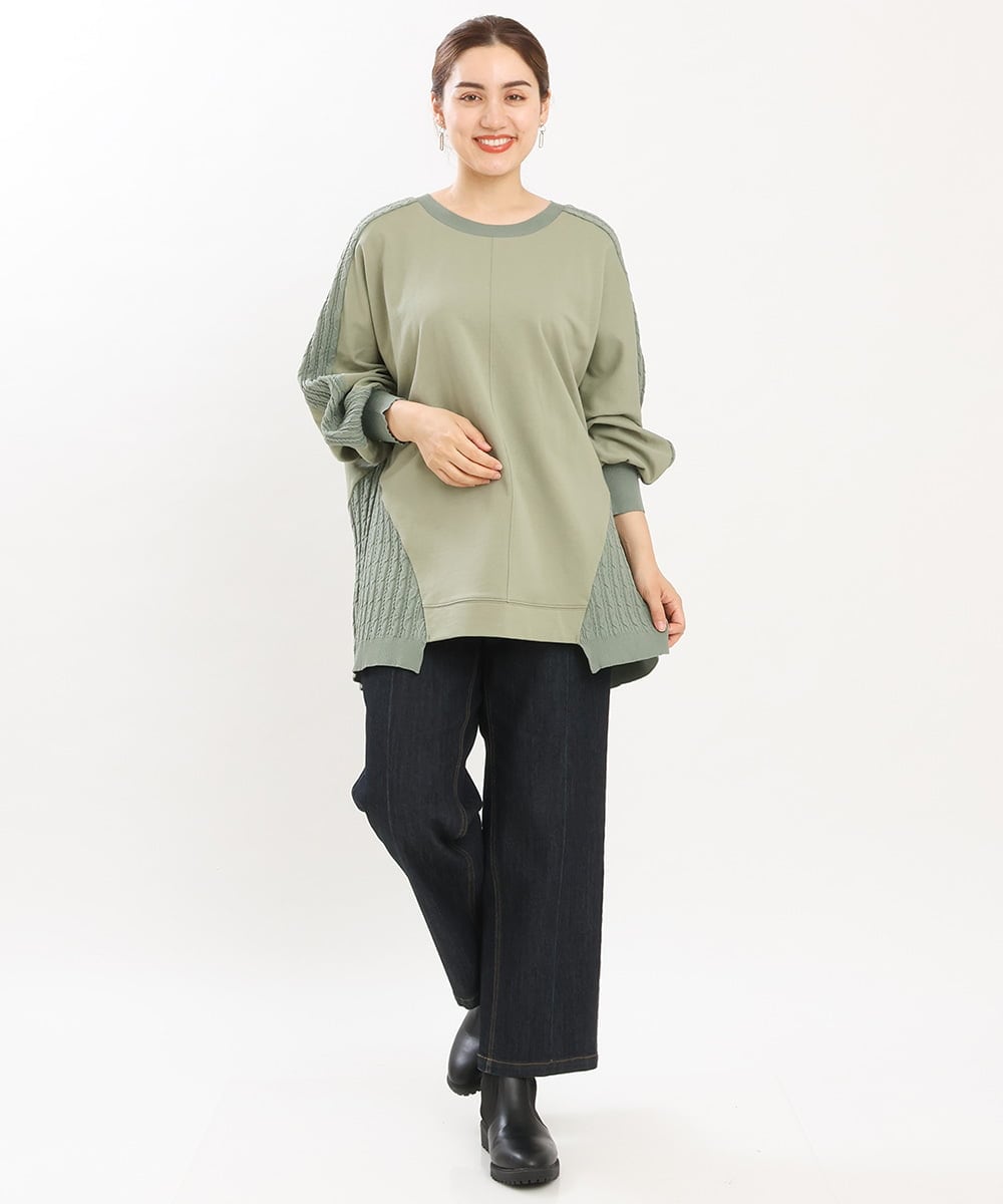 OLKKS07089 eur3(エウルキューブ) 【大きいサイズ】裏毛ニットコンビトップス カーキ(36)