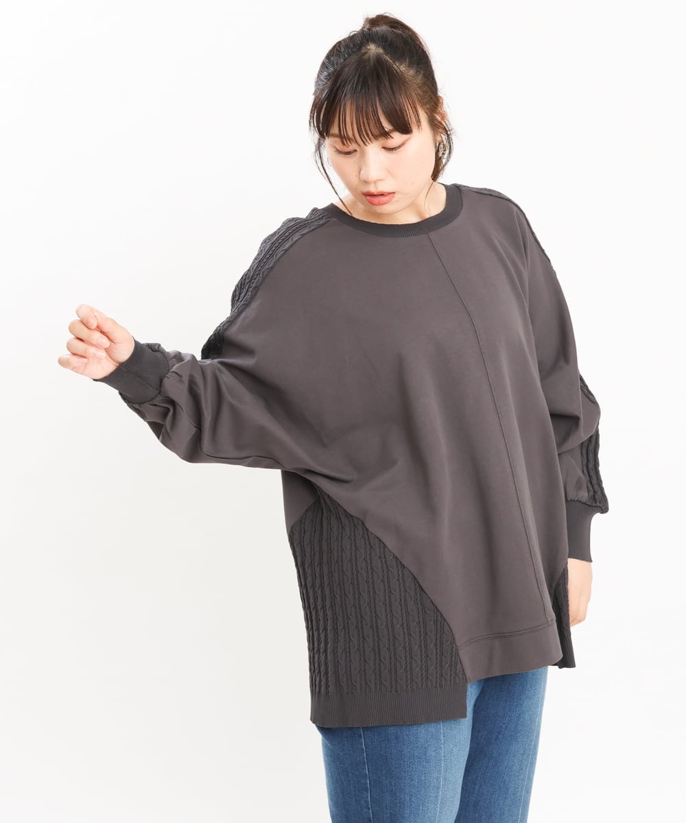 OLKKS07089 eur3(エウルキューブ) 【大きいサイズ】裏毛ニットコンビトップス ダークグレー(93)