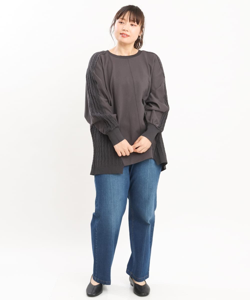 OLKKS07089 eur3(エウルキューブ) 【大きいサイズ】裏毛ニットコンビトップス ダークグレー(93)