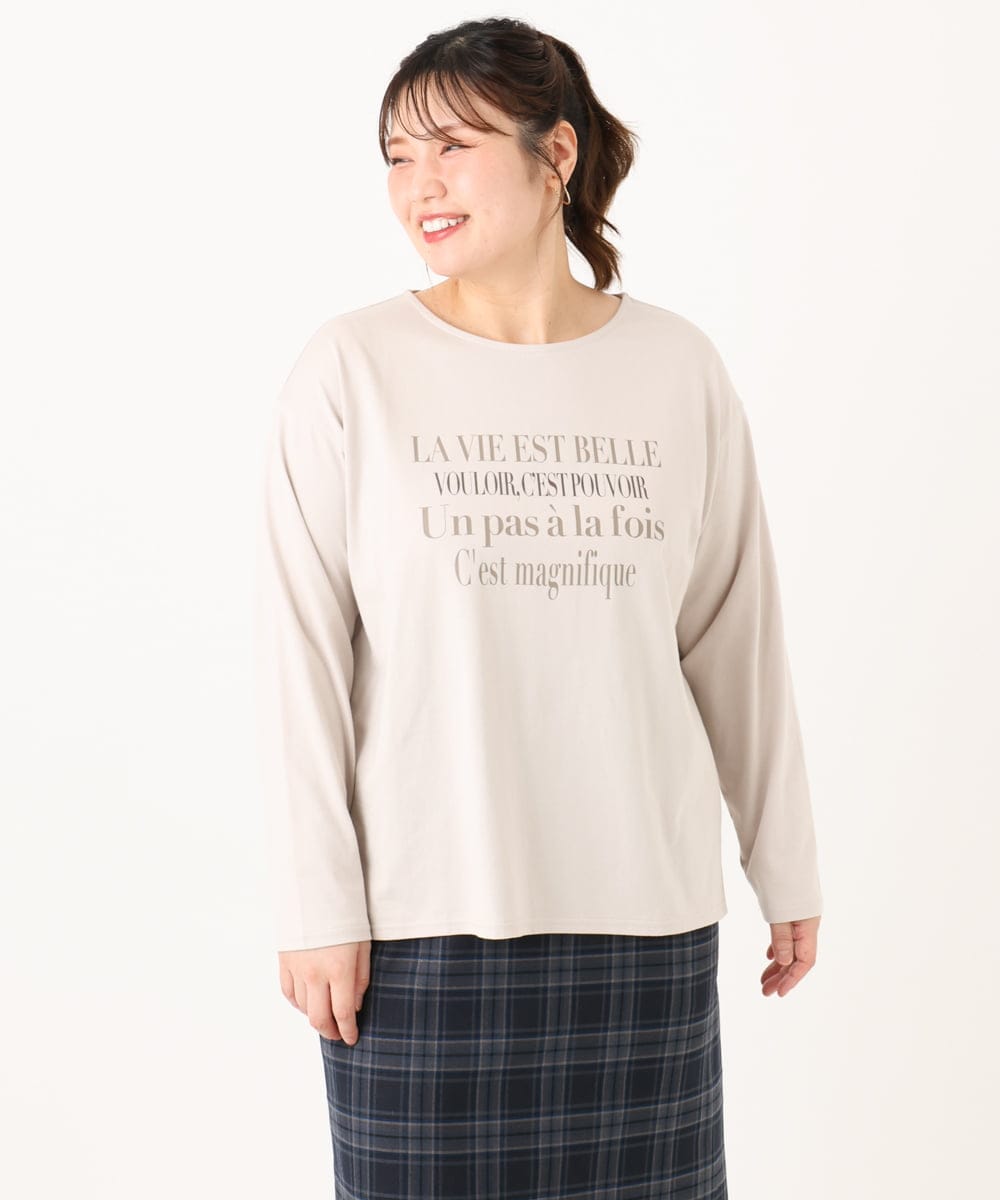 OLKLA23059 eur3(エウルキューブ) 【WEB先行販売】【大きいサイズ】ロゴプリント長袖Tシャツ グレージュ(89)