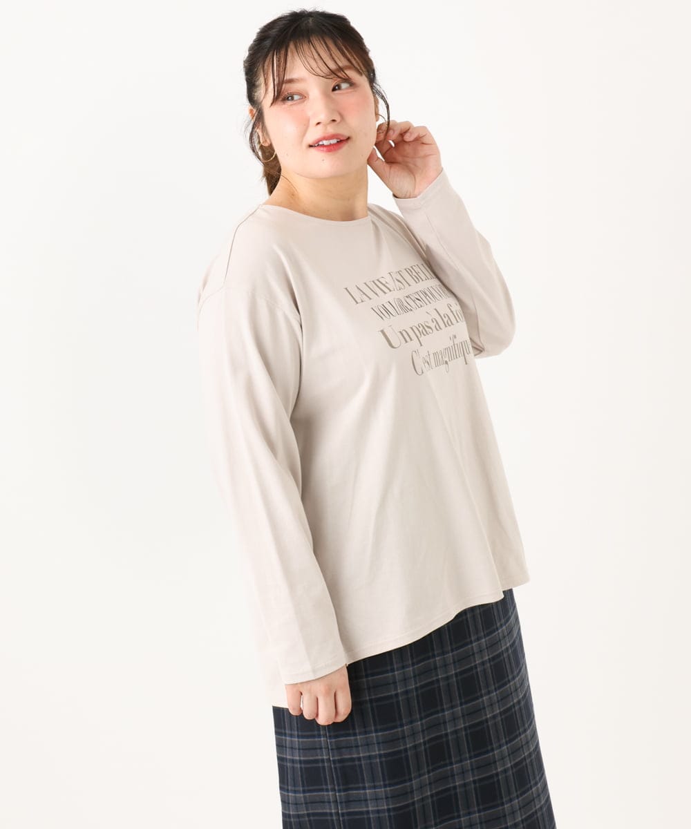 OLKLA23059 eur3(エウルキューブ) 【WEB先行販売】【大きいサイズ】ロゴプリント長袖Tシャツ グレージュ(89)