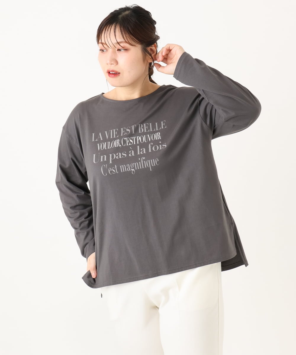 OLKLA23059 eur3(エウルキューブ) 【WEB先行販売】【大きいサイズ】ロゴプリント長袖Tシャツ ダークグレー(93)