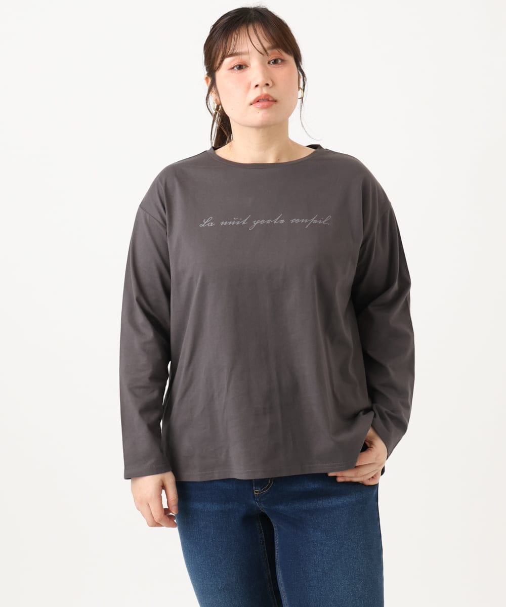 OLKLD16064 eur3(エウルキューブ) 【大きいサイズ】コットンロゴ長袖Tシャツ ダークグレー