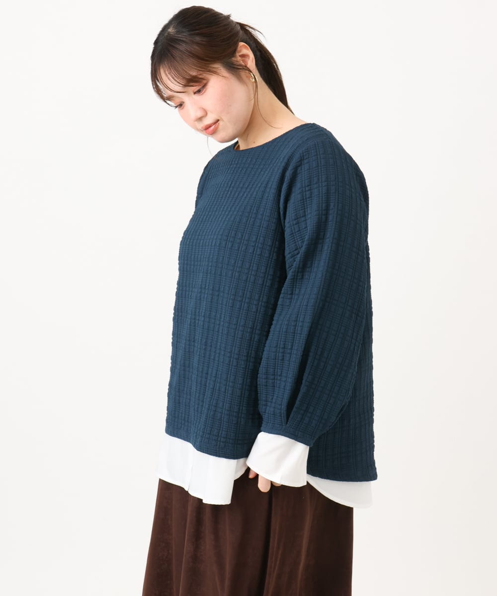 OLKLD19069 eur3(エウルキューブ) 【WEB先行販売】【大きいサイズ】千鳥ジャカードカットソー ネイビー
