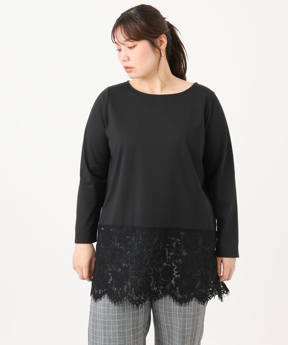OLKLD21064 eur3(エウルキューブ) 【大きいサイズ】レースヘムカットソー ブラック