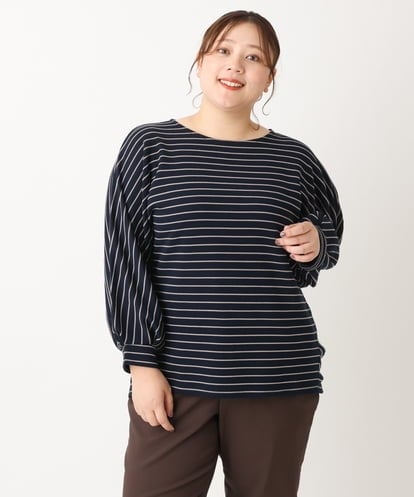 eur3(エウルキューブ) 【大きいサイズ/11号サイズあり】リップルボーダーカットソー ネイビー/紺 フリーサイズ