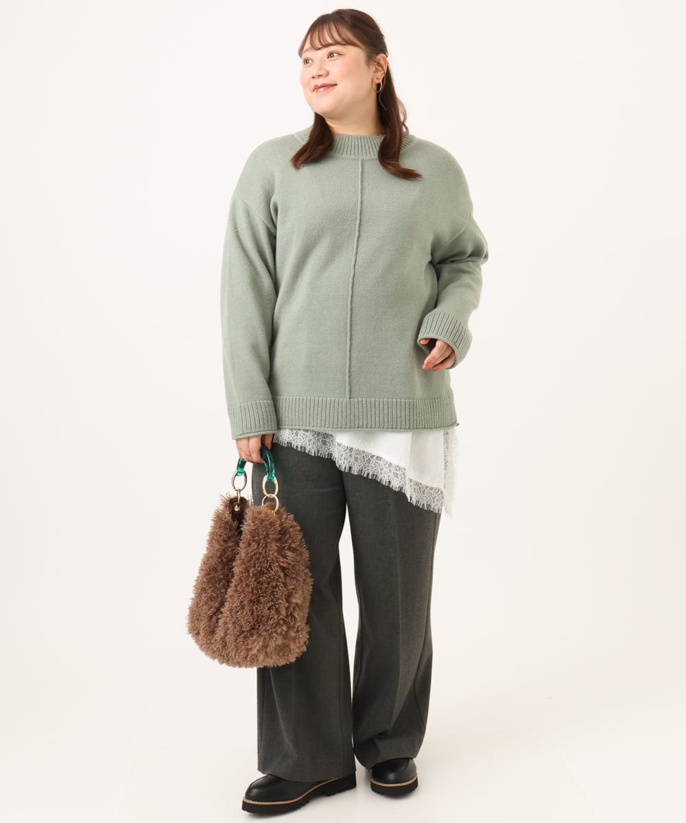 OLLAG18099 eur3(エウルキューブ) 【WEB先行販売】【大きいサイズ/洗える/裏起毛】センタープレスワイドパンツ ダークグレー