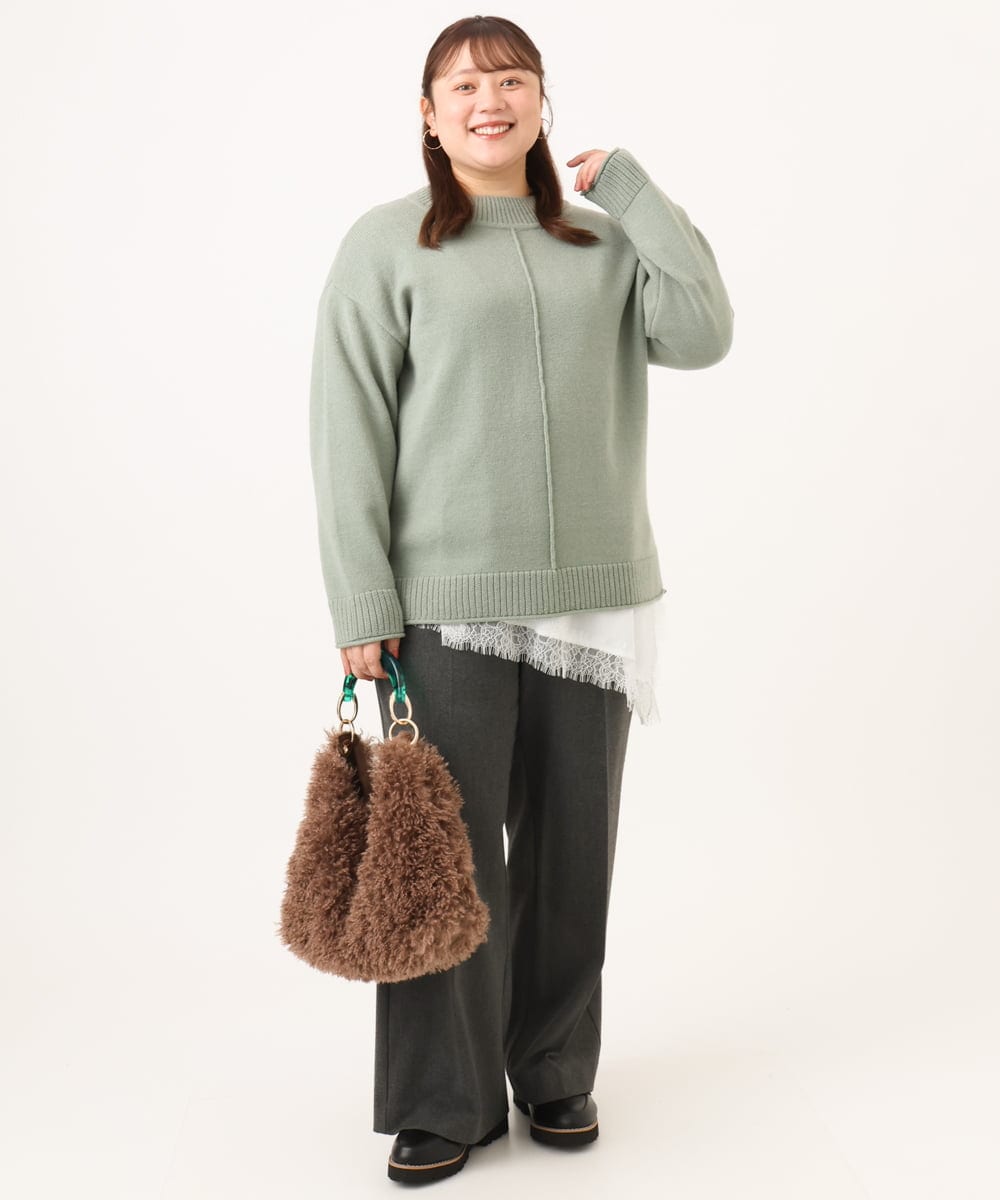OLLAG18099 eur3(エウルキューブ) 【WEB先行販売】【大きいサイズ/洗える/裏起毛】センタープレスワイドパンツ ダークグレー