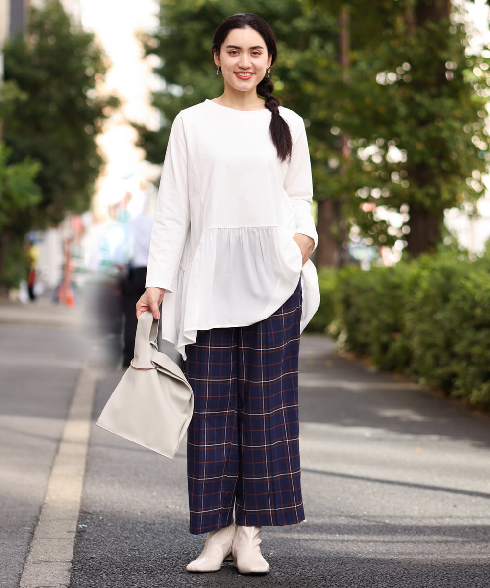 OLLAS24080 eur3(エウルキューブ) 【大きいサイズ/a.v.v×eur3】チェック柄ワイドストレートパンツ ネイビー(57)
