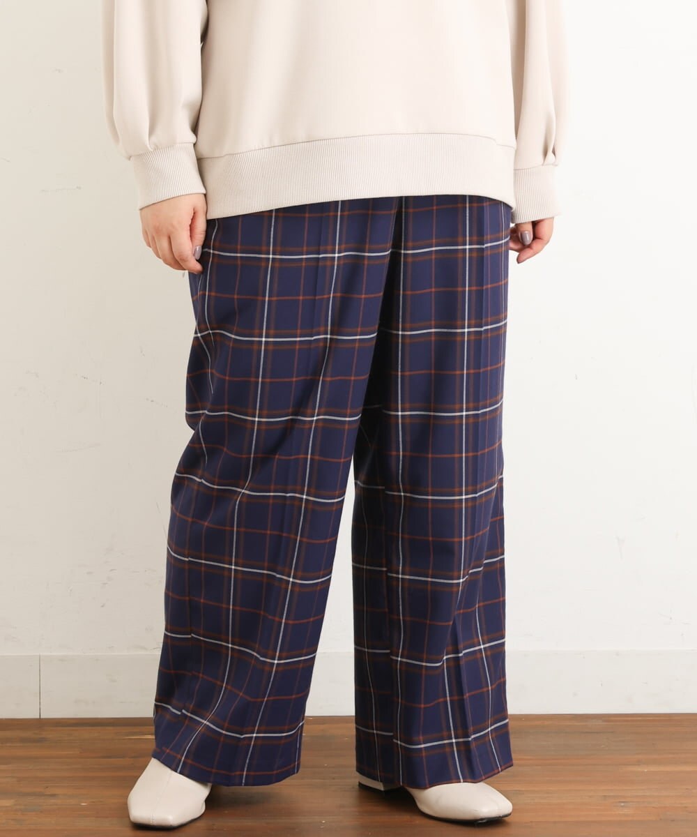 OLLAS24080 eur3(エウルキューブ) 【大きいサイズ/a.v.v×eur3】チェック柄ワイドストレートパンツ ネイビー(57)