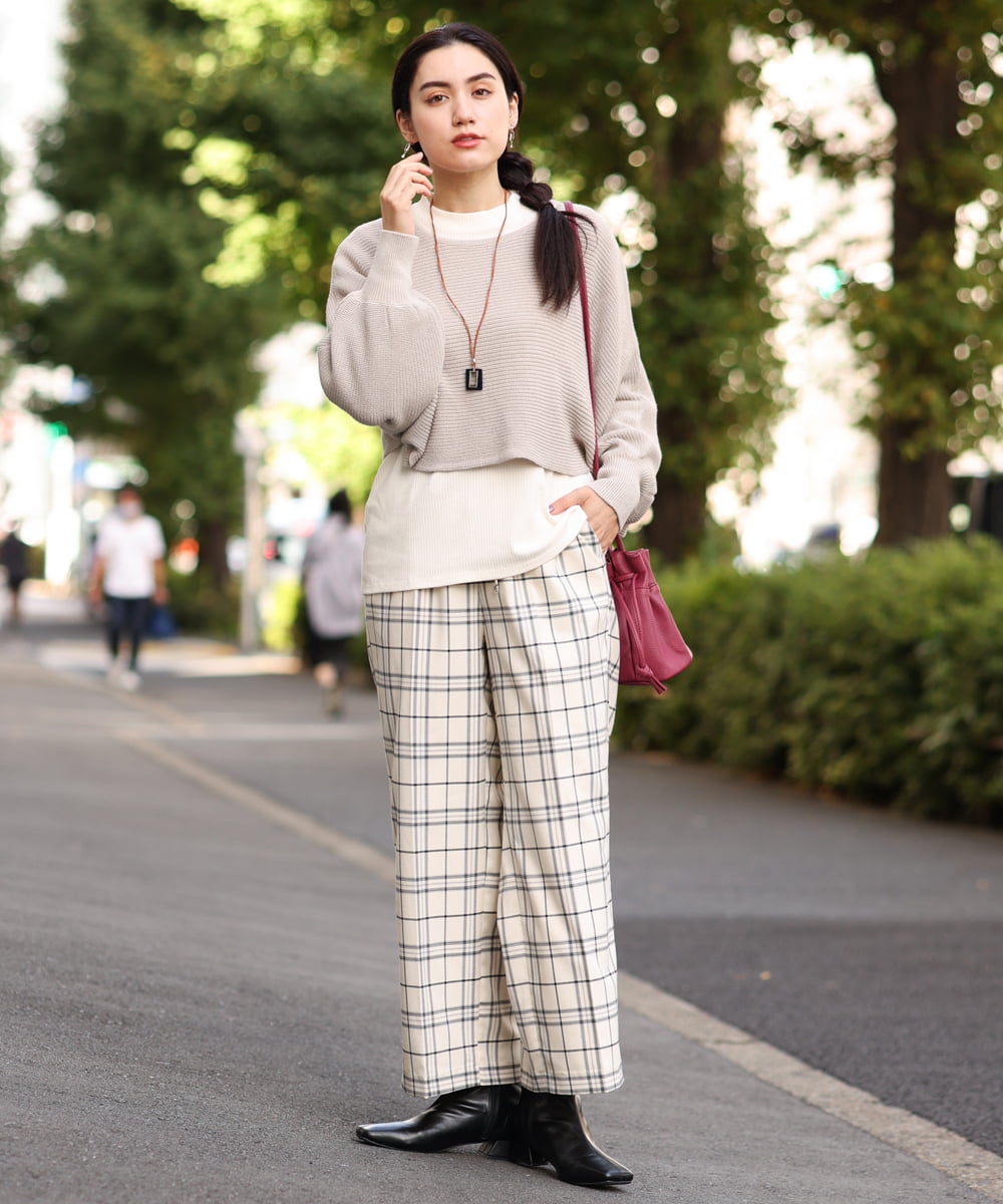 OLLAS24080 eur3(エウルキューブ) 【大きいサイズ/a.v.v×eur3】チェック柄ワイドストレートパンツ アイボリー(80)