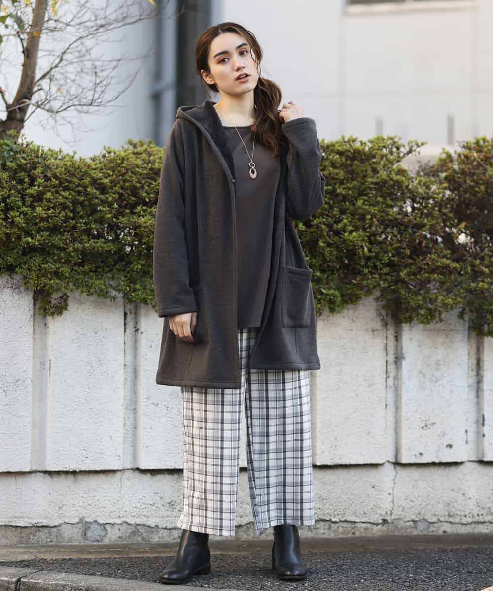 OLLBM22089 eur3(エウルキューブ) 【大きいサイズ/洗える】チェック柄ワイドパンツ アイボリー