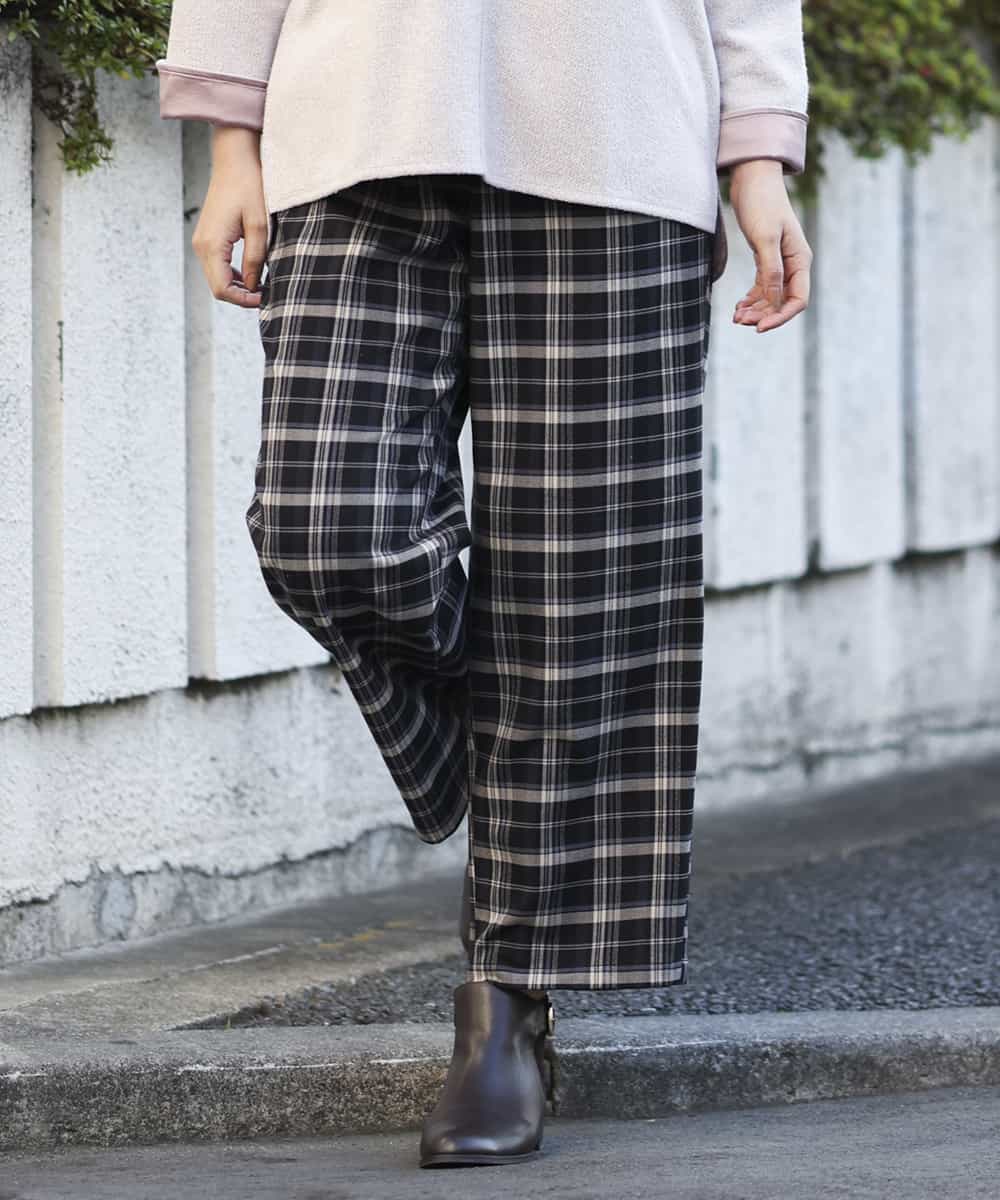 OLLBM22089 eur3(エウルキューブ) 【大きいサイズ/洗える】チェック柄ワイドパンツ ブラック