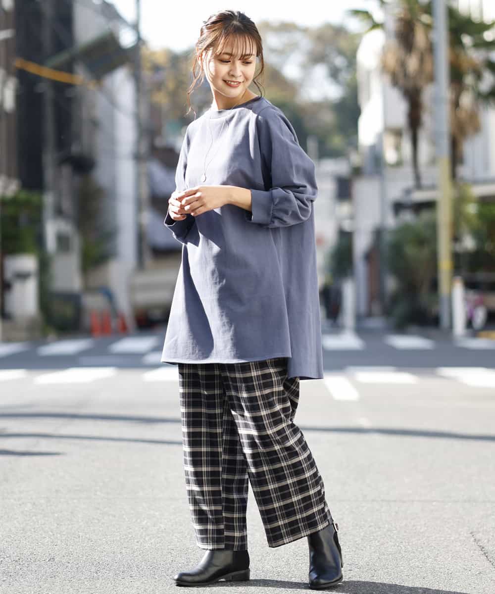OLLBM22089 eur3(エウルキューブ) 【大きいサイズ/洗える】チェック柄ワイドパンツ ブラック