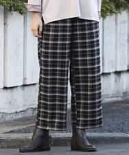 OLLBM22089 eur3(エウルキューブ) 【大きいサイズ/洗える】チェック柄ワイドパンツ ブラック