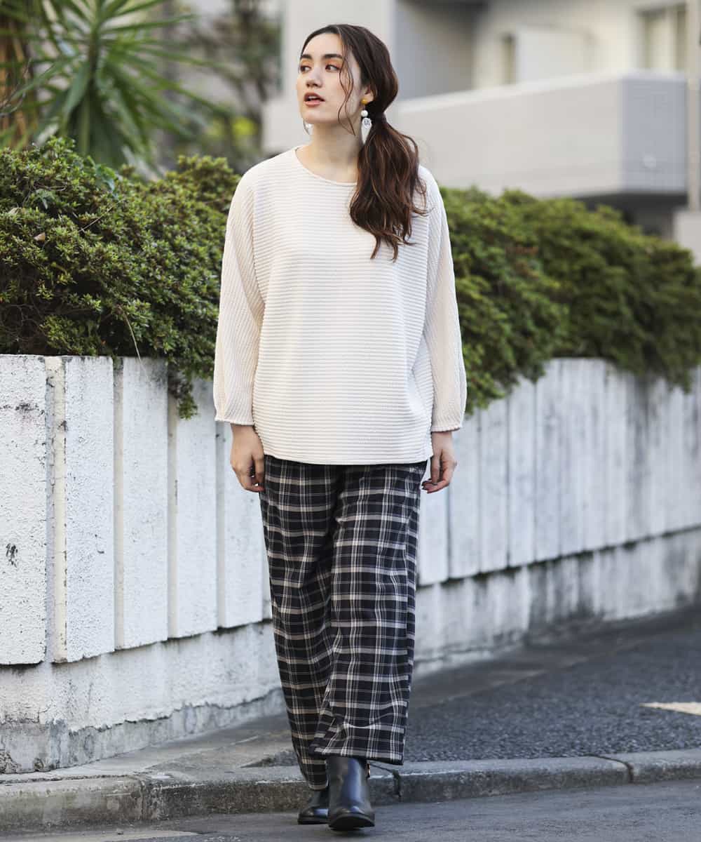 OLLBM22089 eur3(エウルキューブ) 【大きいサイズ/洗える】チェック柄ワイドパンツ ブラック