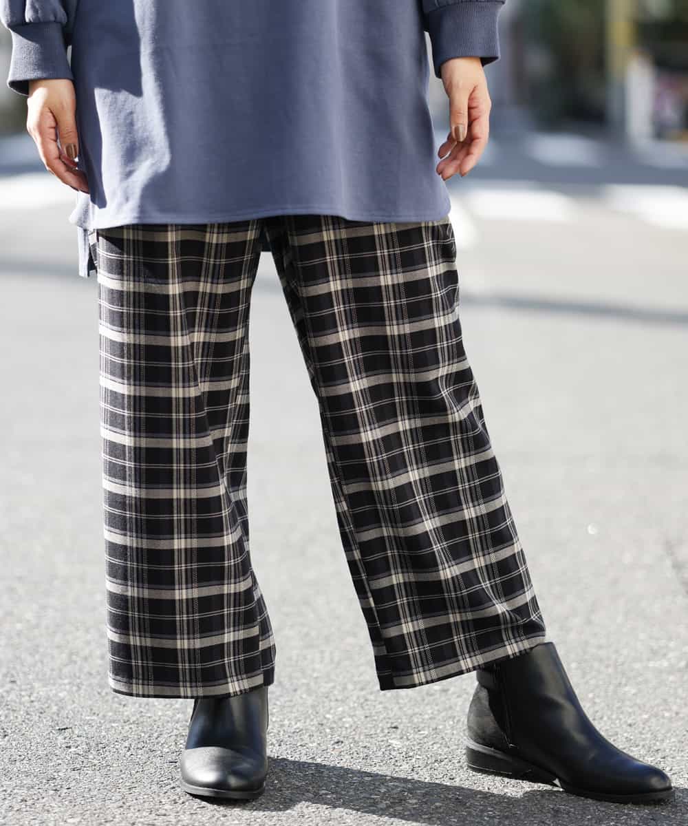 OLLBM22089 eur3(エウルキューブ) 【大きいサイズ/洗える】チェック柄ワイドパンツ ブラック