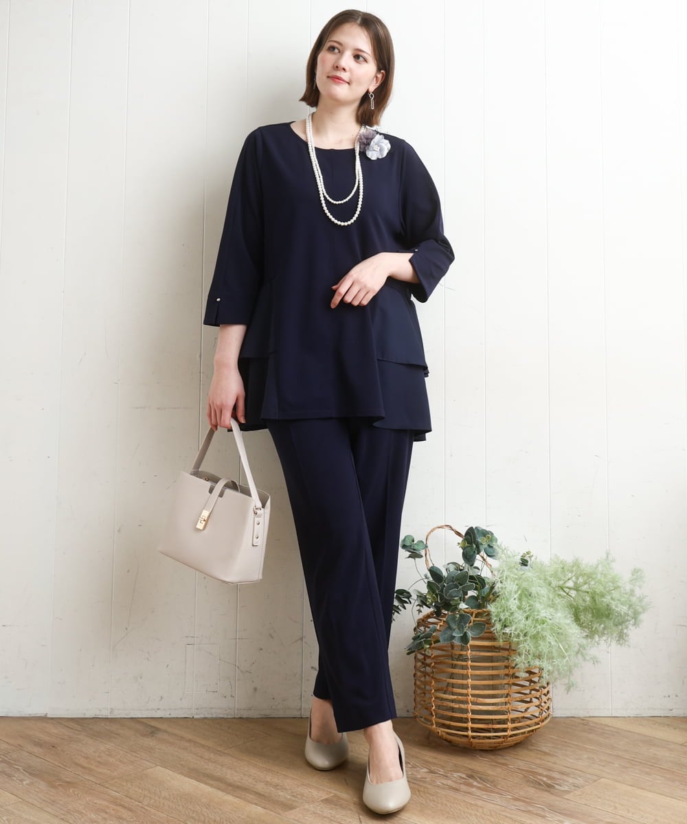 OLLDD09119 eur3(エウルキューブ) 【大きいサイズ/11号サイズあり/セットアップ対応】カットジョーゼットテーパードパンツ ネイビー(57)