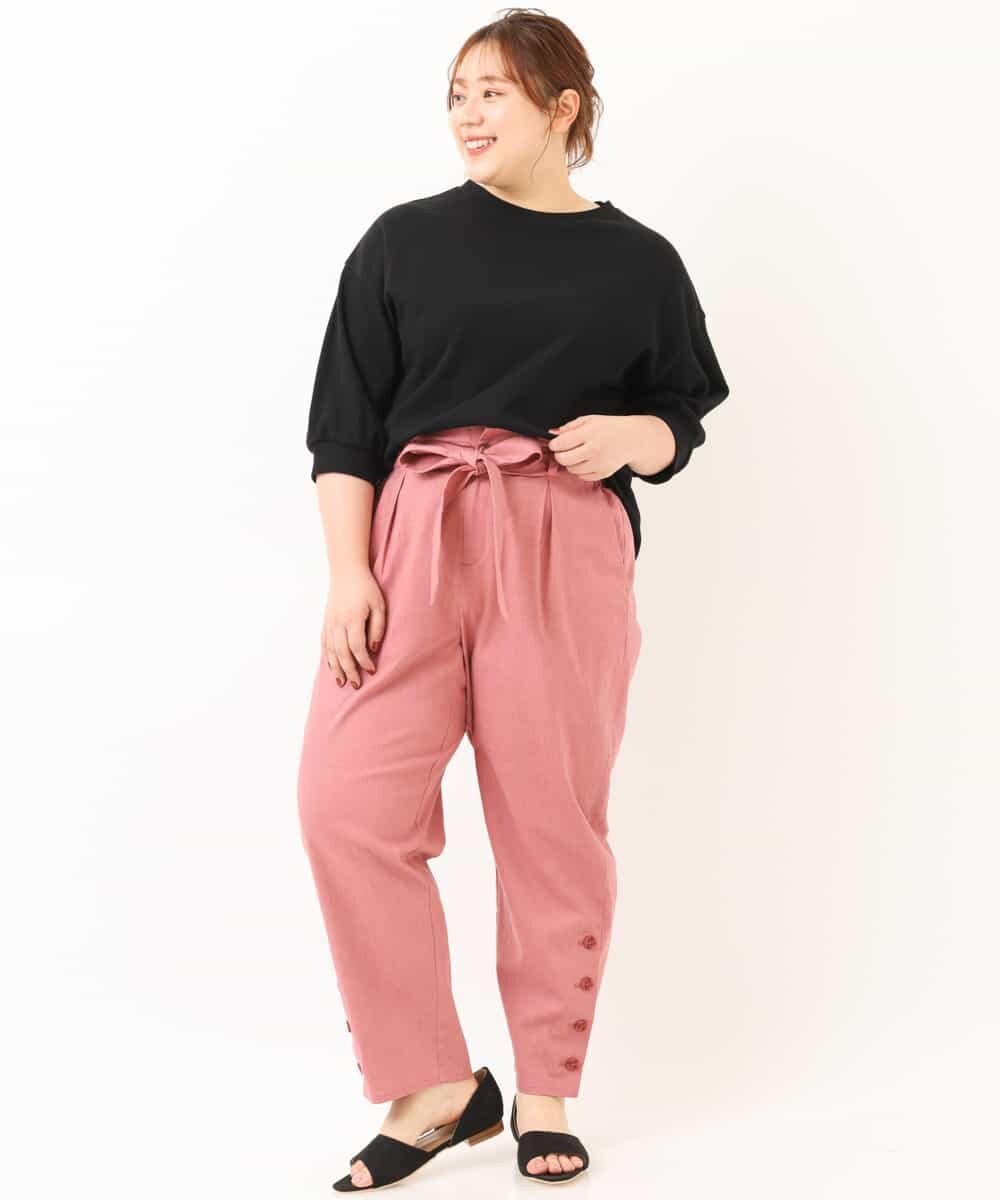 OLLEM11090 eur3(エウルキューブ) 【大きいサイズ】サイドボタン麻混テーパードパンツ ピンク