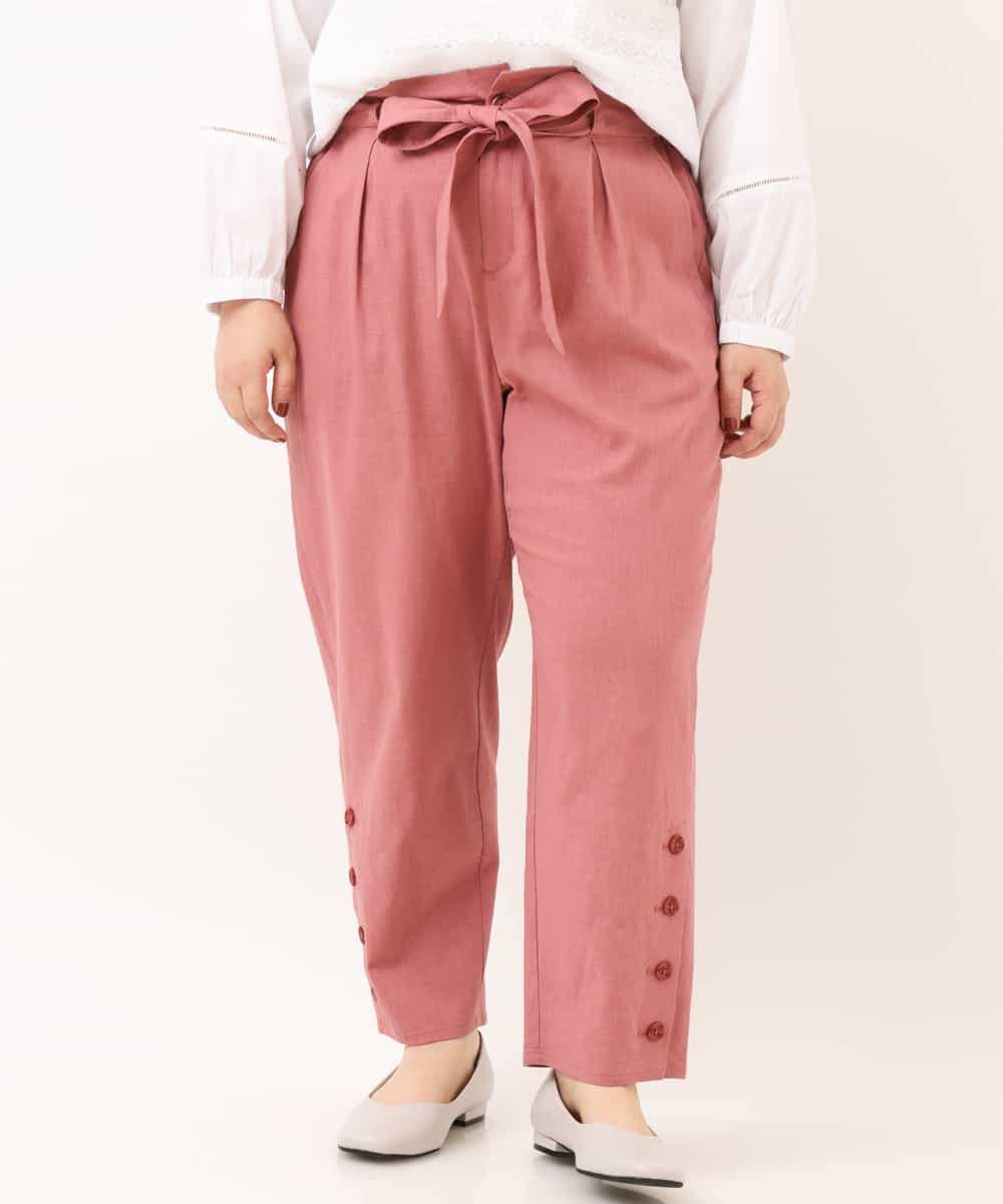 OLLEM11090 eur3(エウルキューブ) 【大きいサイズ】サイドボタン麻混テーパードパンツ ピンク