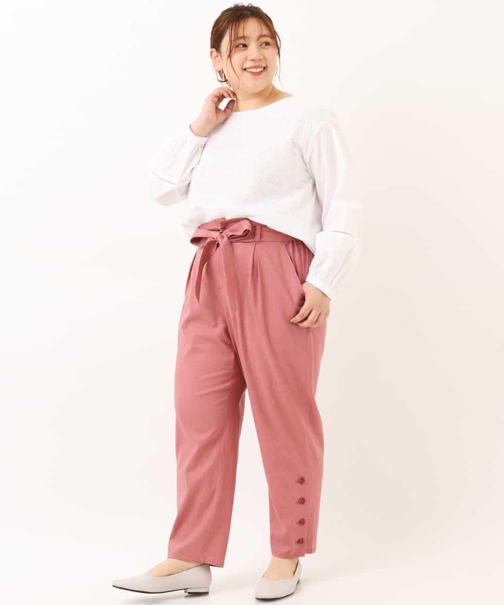 OLLEM11090 eur3(エウルキューブ) 【大きいサイズ】サイドボタン麻混テーパードパンツ ピンク