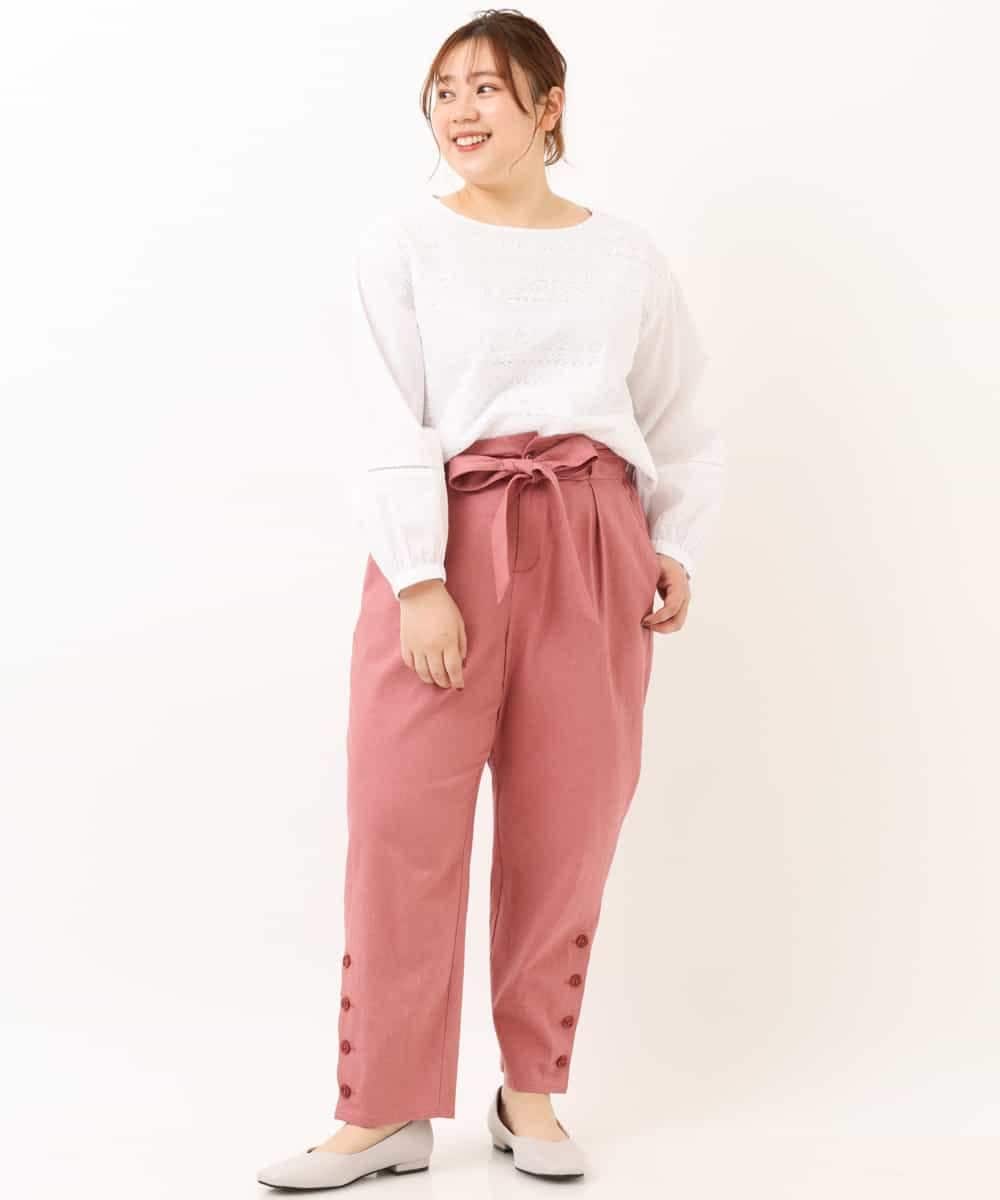 OLLEM11090 eur3(エウルキューブ) 【大きいサイズ】サイドボタン麻混テーパードパンツ ピンク