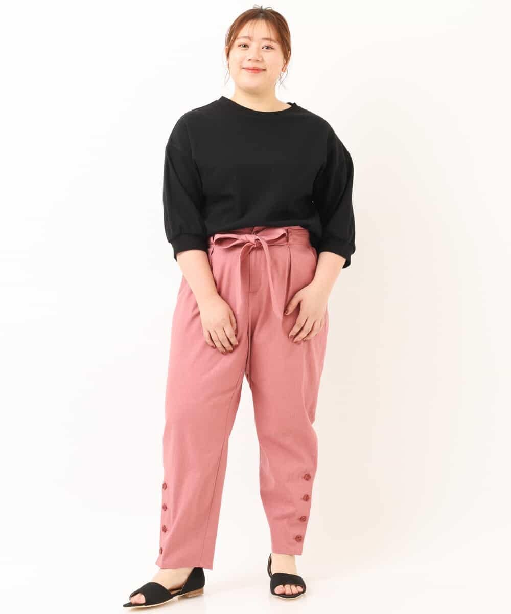 OLLEM11090 eur3(エウルキューブ) 【大きいサイズ】サイドボタン麻混テーパードパンツ ピンク
