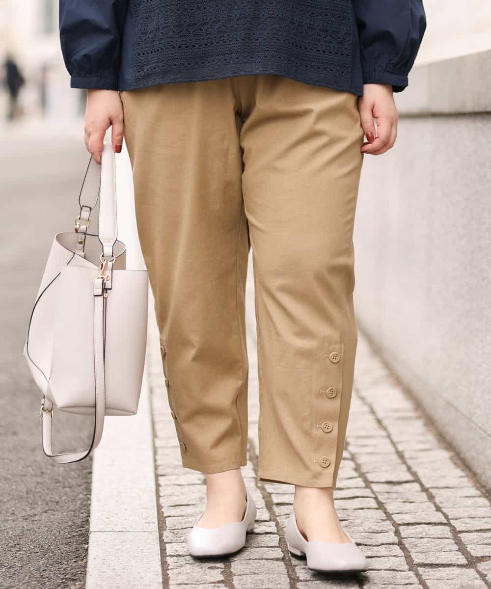 OLLEM11090 eur3(エウルキューブ) 【大きいサイズ】サイドボタン麻混テーパードパンツ ベージュ