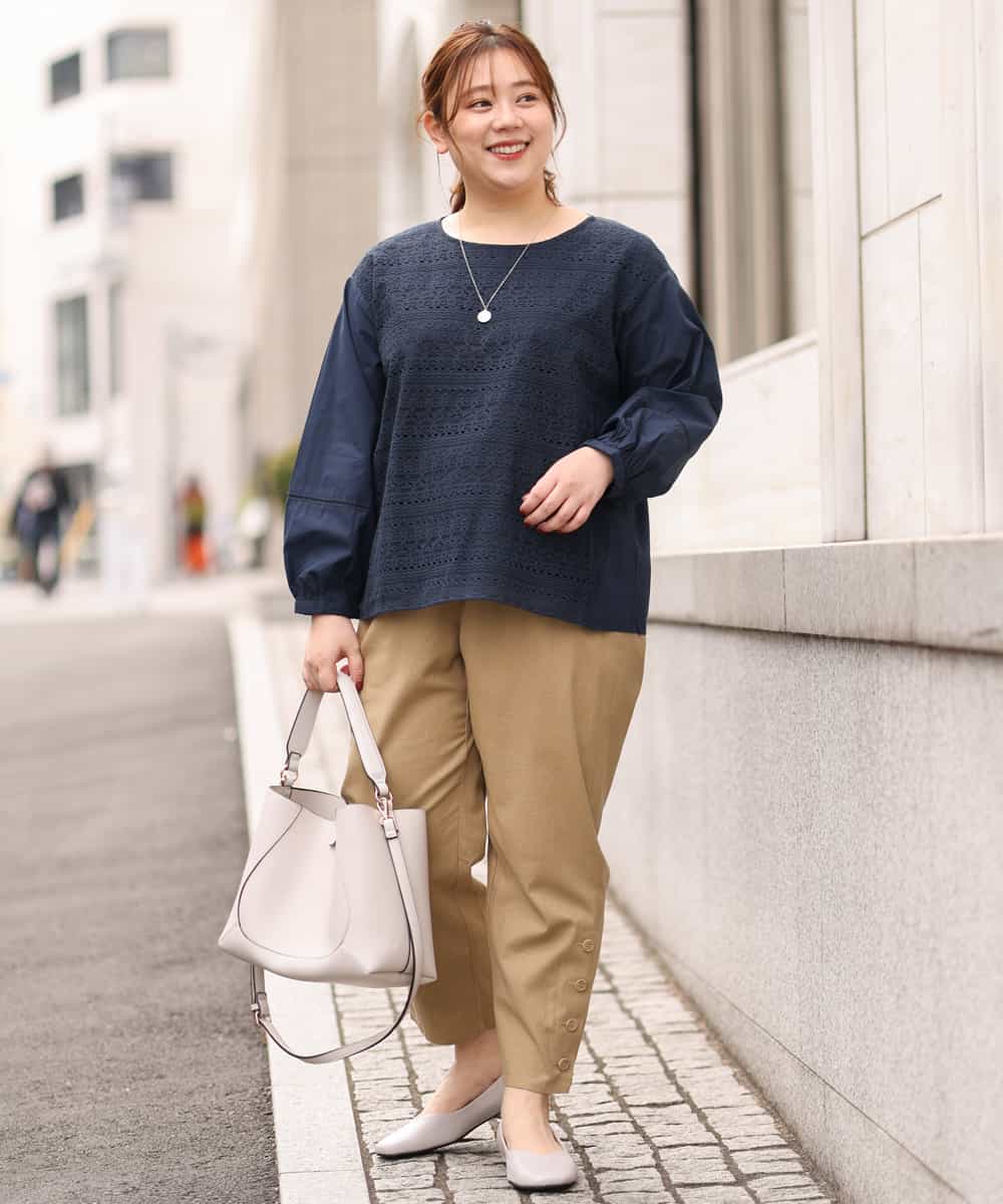 OLLEM11090 eur3(エウルキューブ) 【大きいサイズ】サイドボタン麻混テーパードパンツ ベージュ