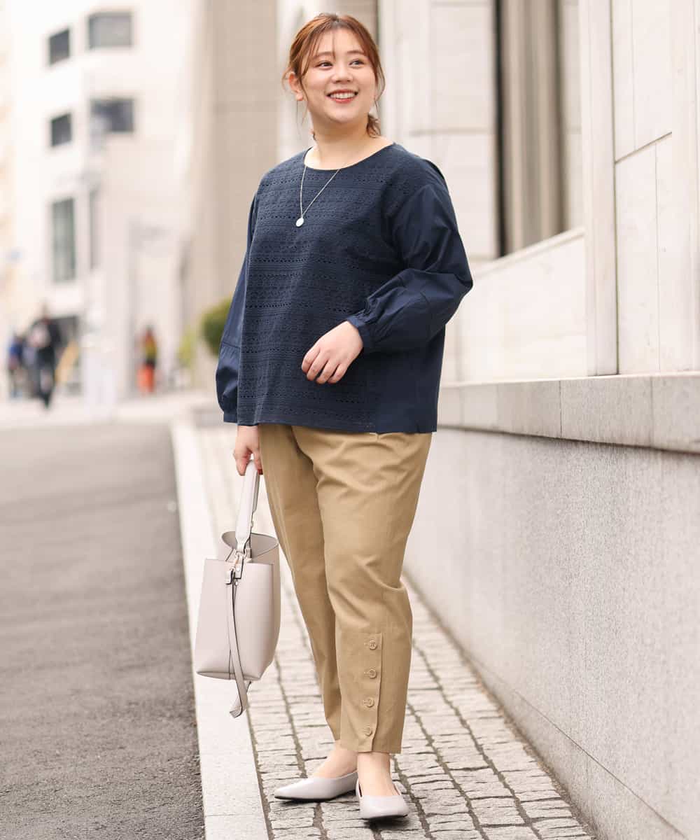 OLLEM11090 eur3(エウルキューブ) 【大きいサイズ】サイドボタン麻混テーパードパンツ ベージュ