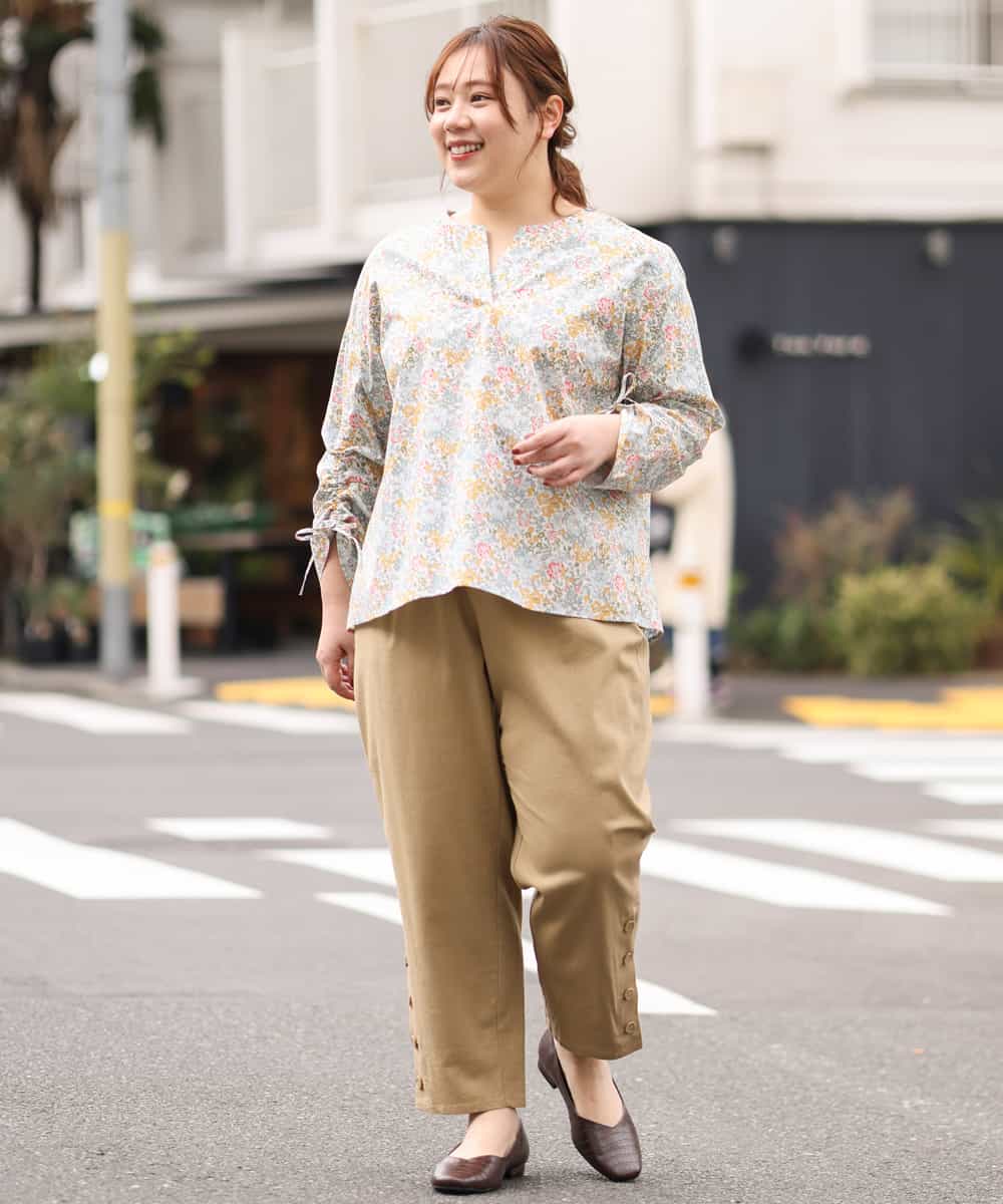 OLLEM11090 eur3(エウルキューブ) 【大きいサイズ】サイドボタン麻混テーパードパンツ ベージュ