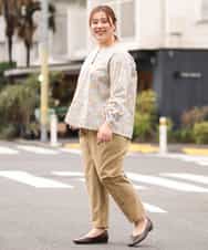 OLLEM11090 eur3(エウルキューブ) 【大きいサイズ】サイドボタン麻混テーパードパンツ ベージュ