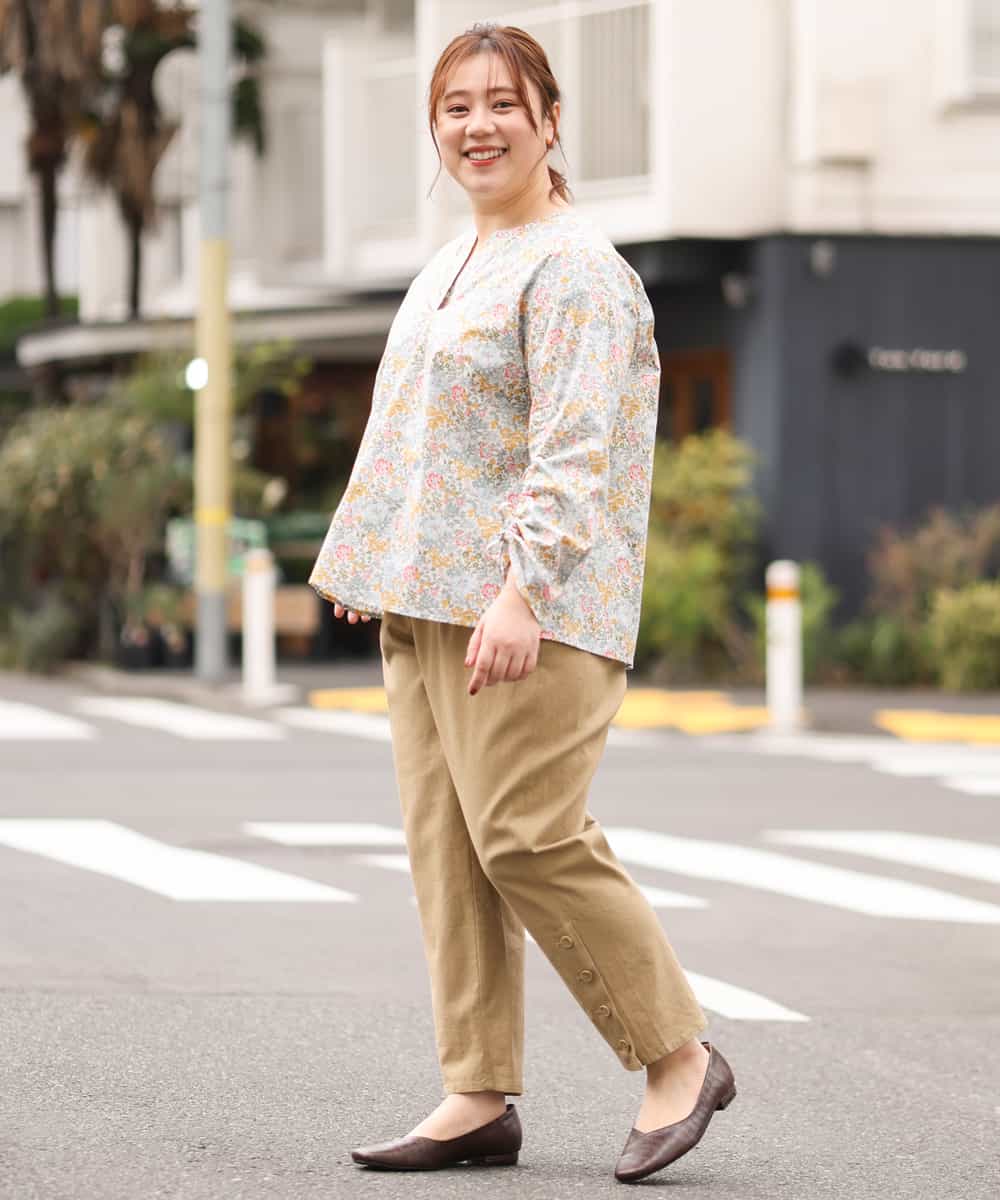 OLLEM11090 eur3(エウルキューブ) 【大きいサイズ】サイドボタン麻混テーパードパンツ ベージュ