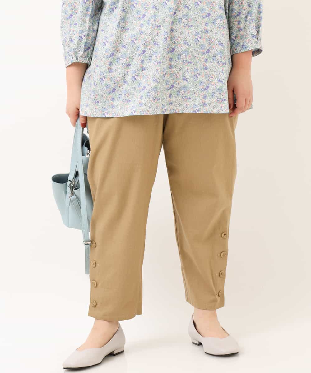 OLLEM11090 eur3(エウルキューブ) 【大きいサイズ】サイドボタン麻混テーパードパンツ ベージュ