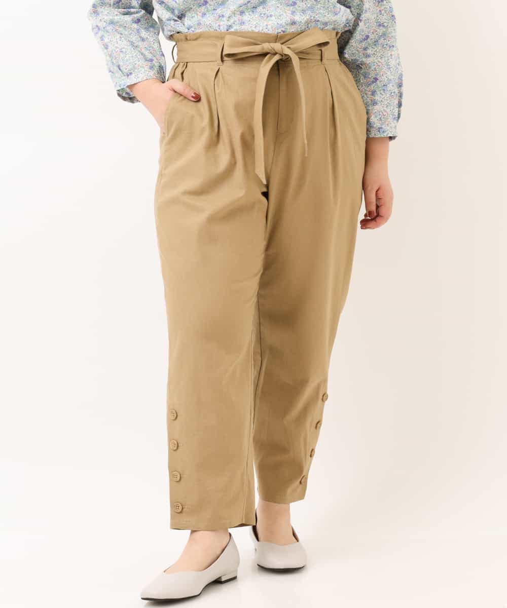 OLLEM11090 eur3(エウルキューブ) 【大きいサイズ】サイドボタン麻混テーパードパンツ ベージュ