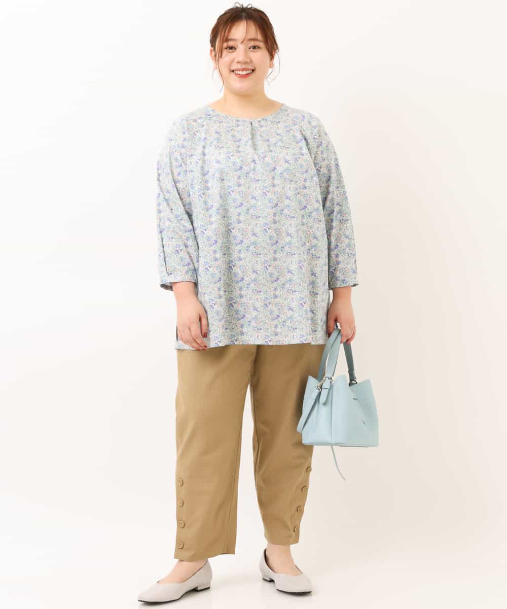OLLEM11090 eur3(エウルキューブ) 【大きいサイズ】サイドボタン麻混テーパードパンツ ベージュ