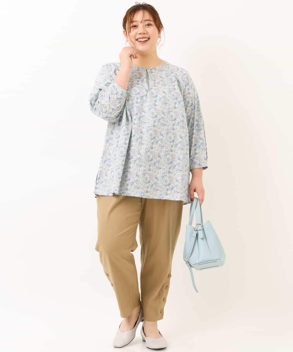 OLLEM11090 eur3(エウルキューブ) 【大きいサイズ】サイドボタン麻混テーパードパンツ ベージュ