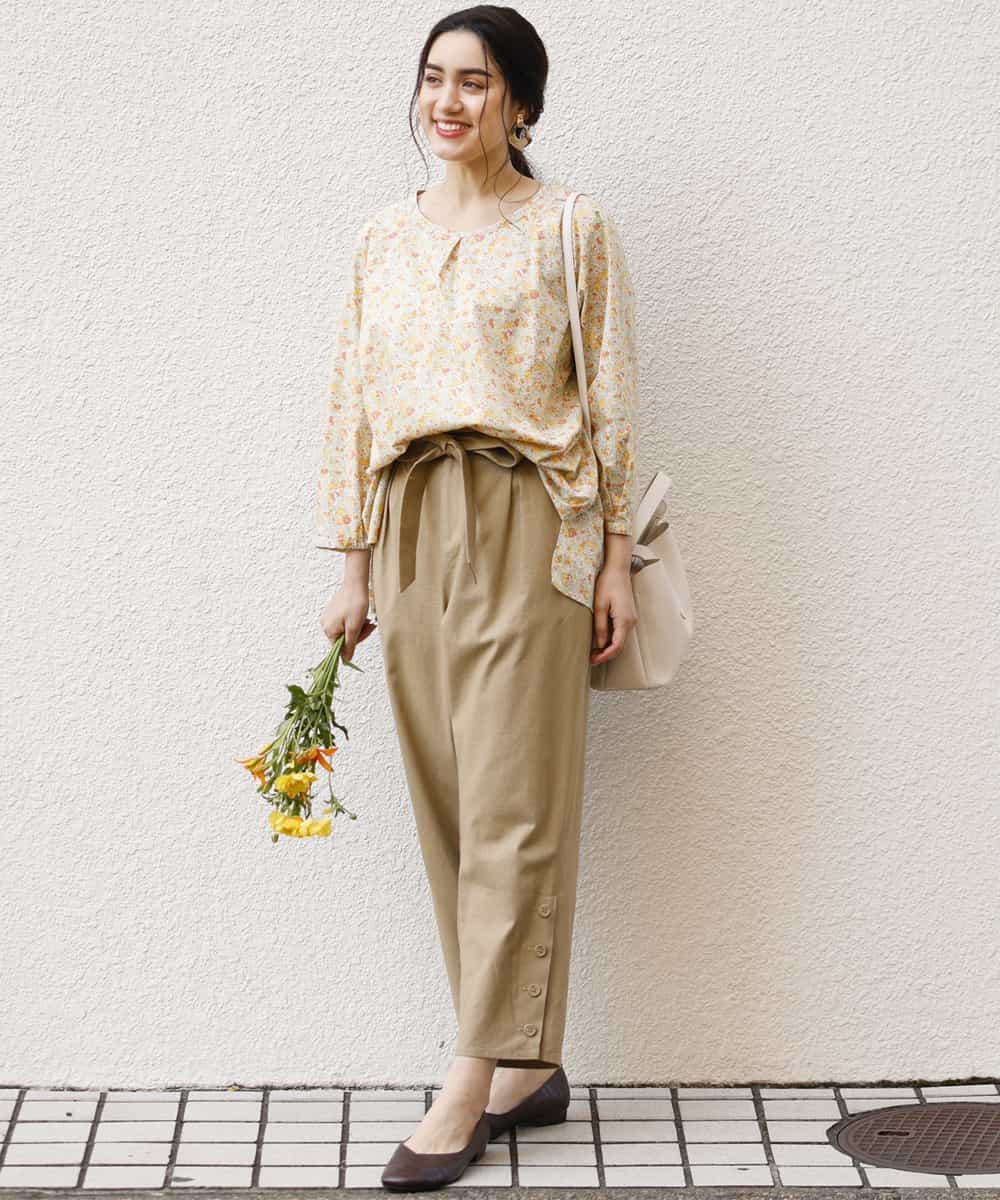 OLLEM11090 eur3(エウルキューブ) 【大きいサイズ】サイドボタン麻混テーパードパンツ ベージュ