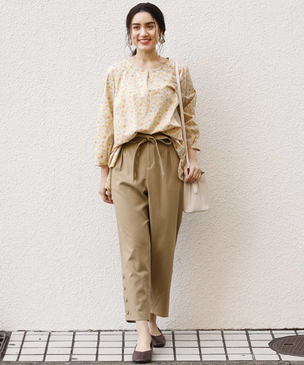 OLLEM11090 eur3(エウルキューブ) 【大きいサイズ】サイドボタン麻混テーパードパンツ ベージュ
