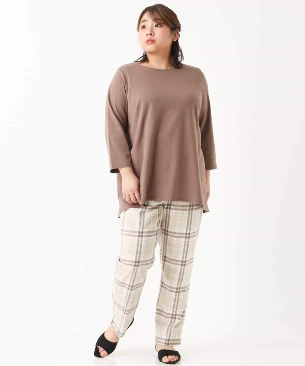 OLLEM15090 eur3(エウルキューブ) 【大きいサイズ】ゆるストレートチェック柄パンツ ベージュ
