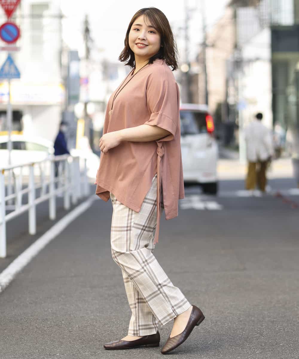 OLLEM15090 eur3(エウルキューブ) 【大きいサイズ】ゆるストレートチェック柄パンツ ベージュ