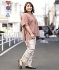 OLLEM15090 eur3(エウルキューブ) 【大きいサイズ】ゆるストレートチェック柄パンツ ベージュ