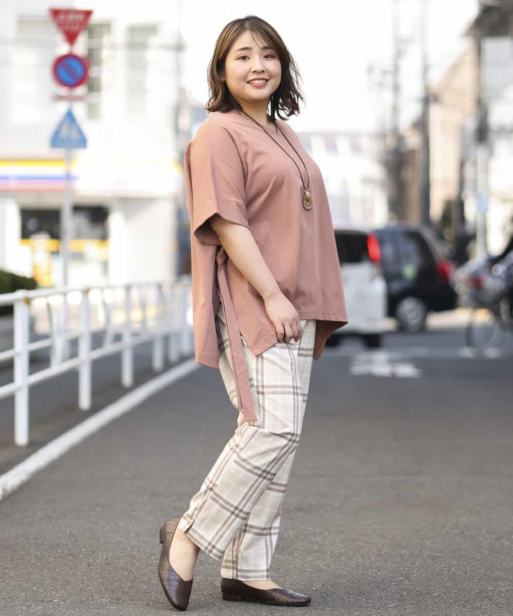 OLLEM15090 eur3(エウルキューブ) 【大きいサイズ】ゆるストレートチェック柄パンツ ベージュ