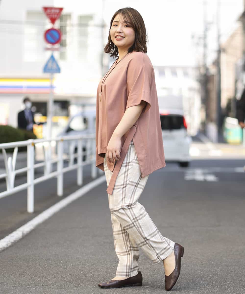 OLLEM15090 eur3(エウルキューブ) 【大きいサイズ】ゆるストレートチェック柄パンツ ベージュ